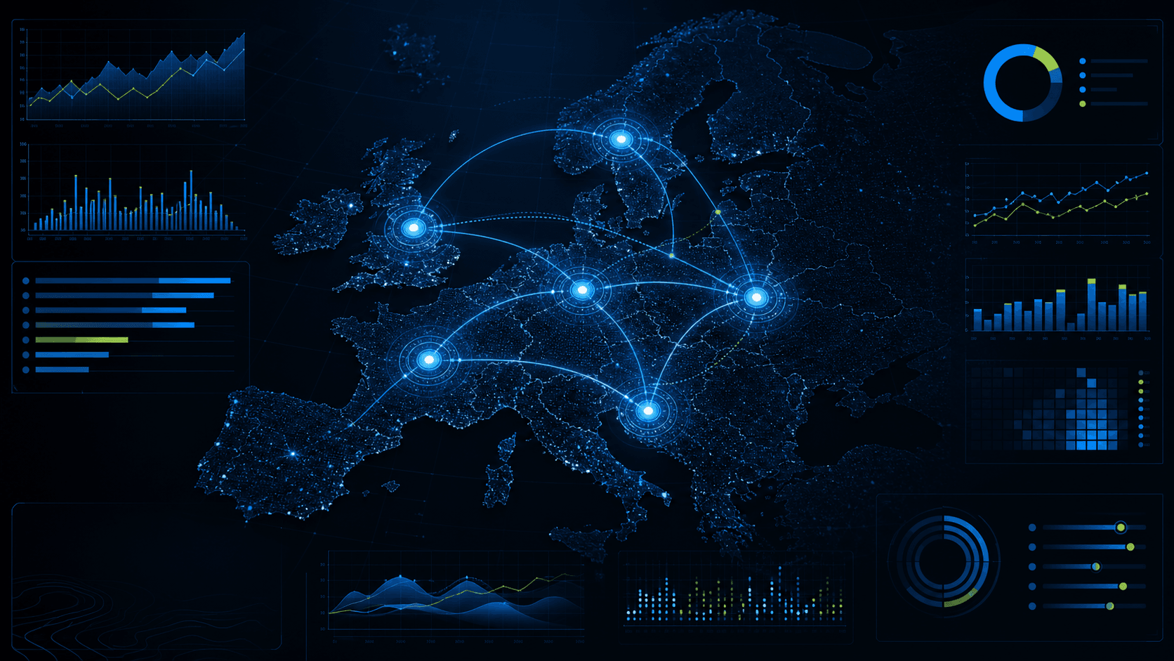 European multi-market intelligence system with six connected market nodes and performance signals