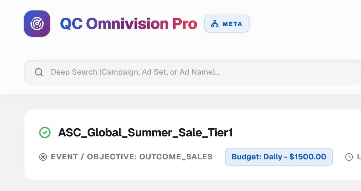 Meta advertising intelligence workspace showing creative and campaign signals