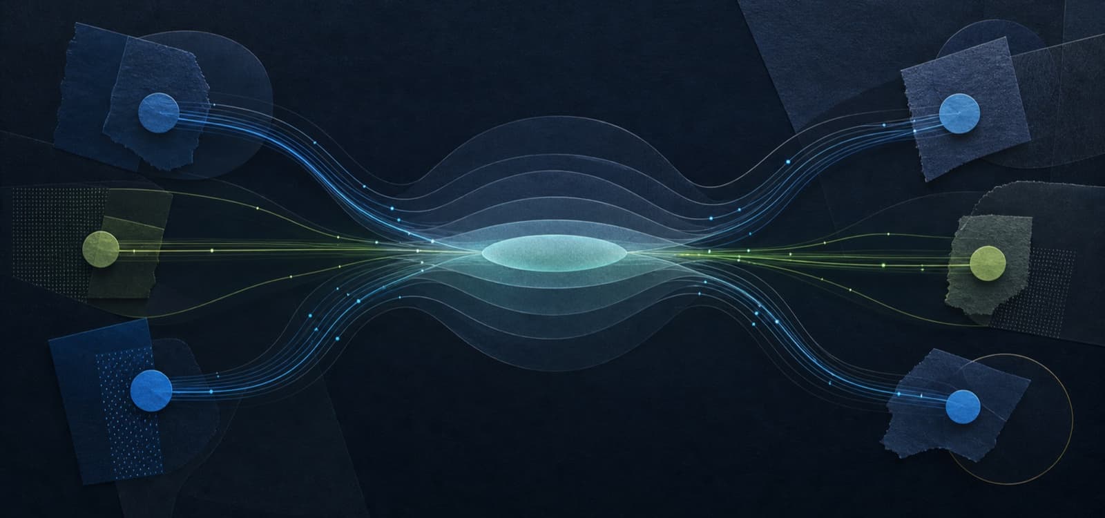 Abstract evidence fragments connected to an AI synthesis layer by visible provenance paths