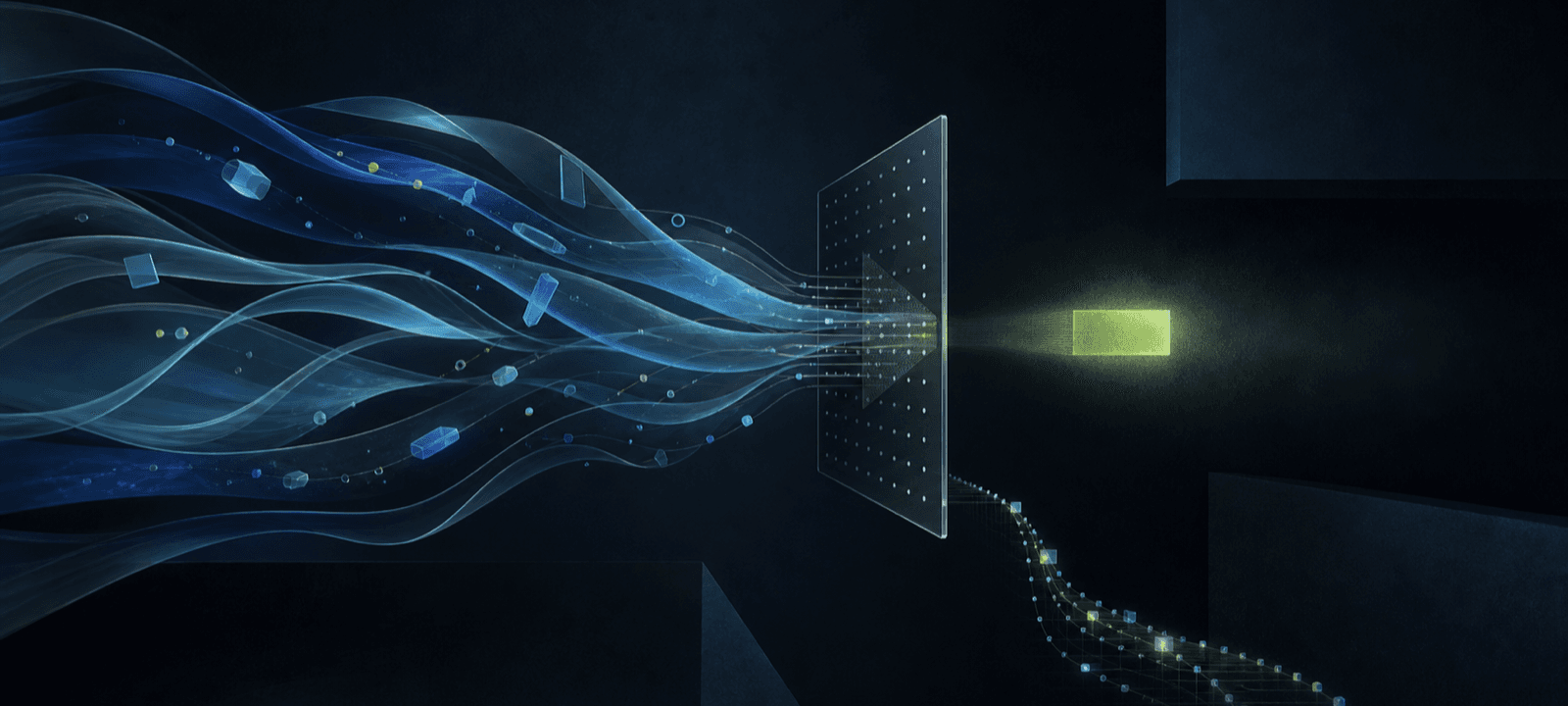 Abstract conversation streams passing through a relevance layer into one commercial signal and a separate measurement path