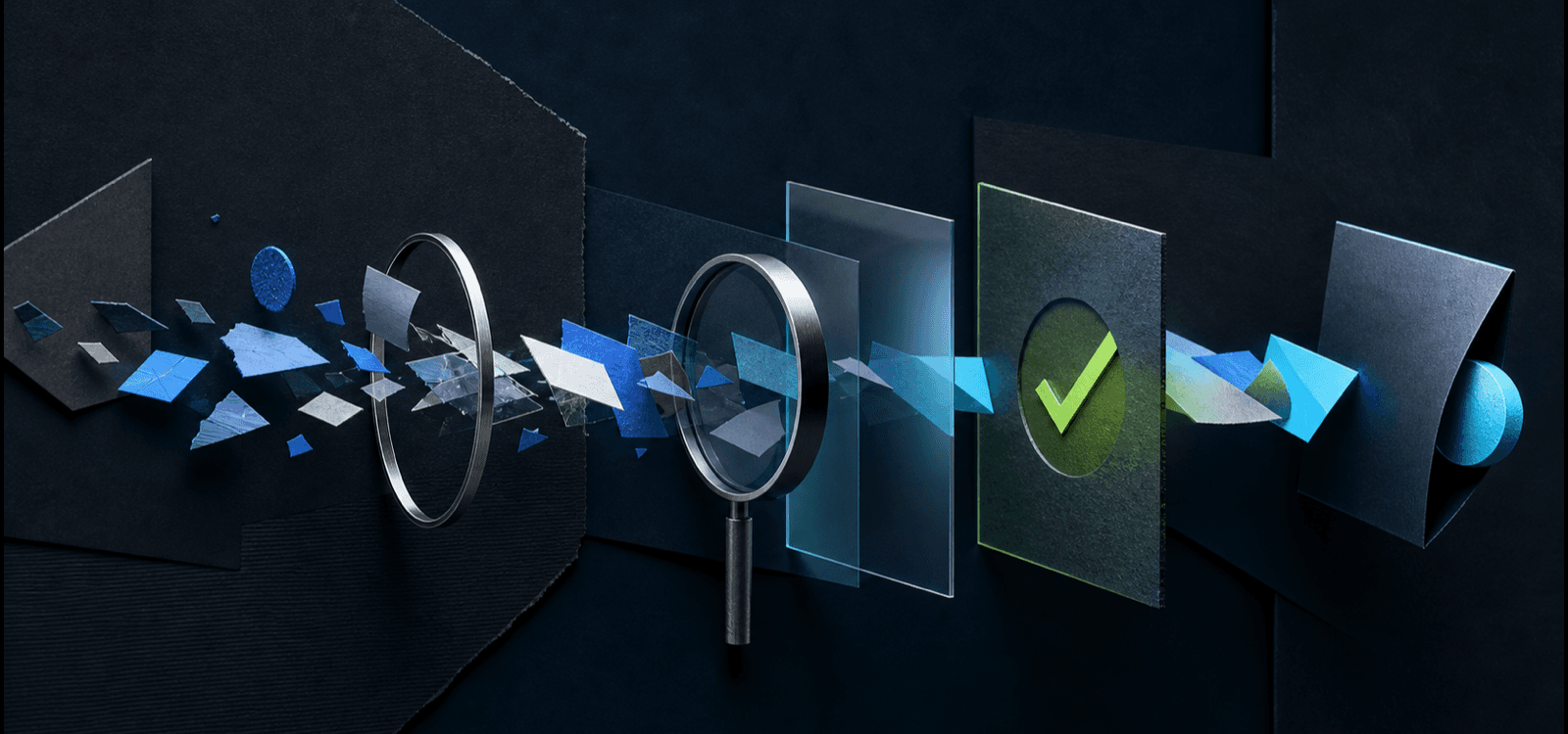 Abstract content fragments moving through provenance, human review and release checkpoints