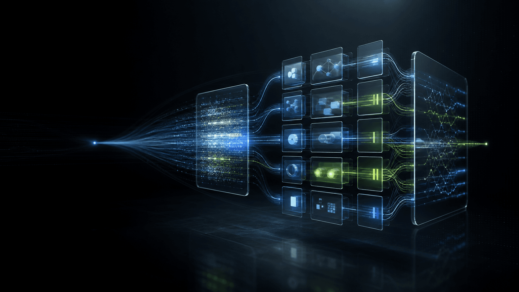 Abstract paid-media workflow with structured signals moving through connected campaign modules