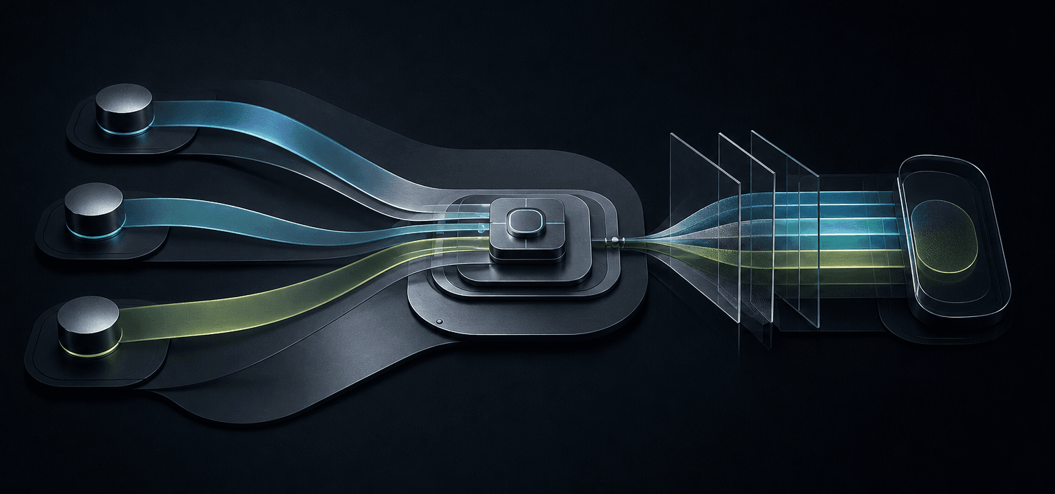 Abstract commerce signals converging through a controlled optimisation layer into a protected commercial outcome