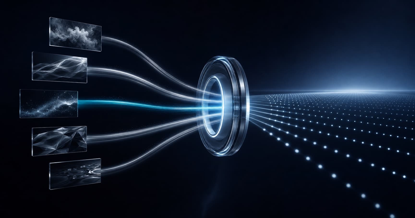 Five abstract video campaign streams converging through one portfolio-level frequency control