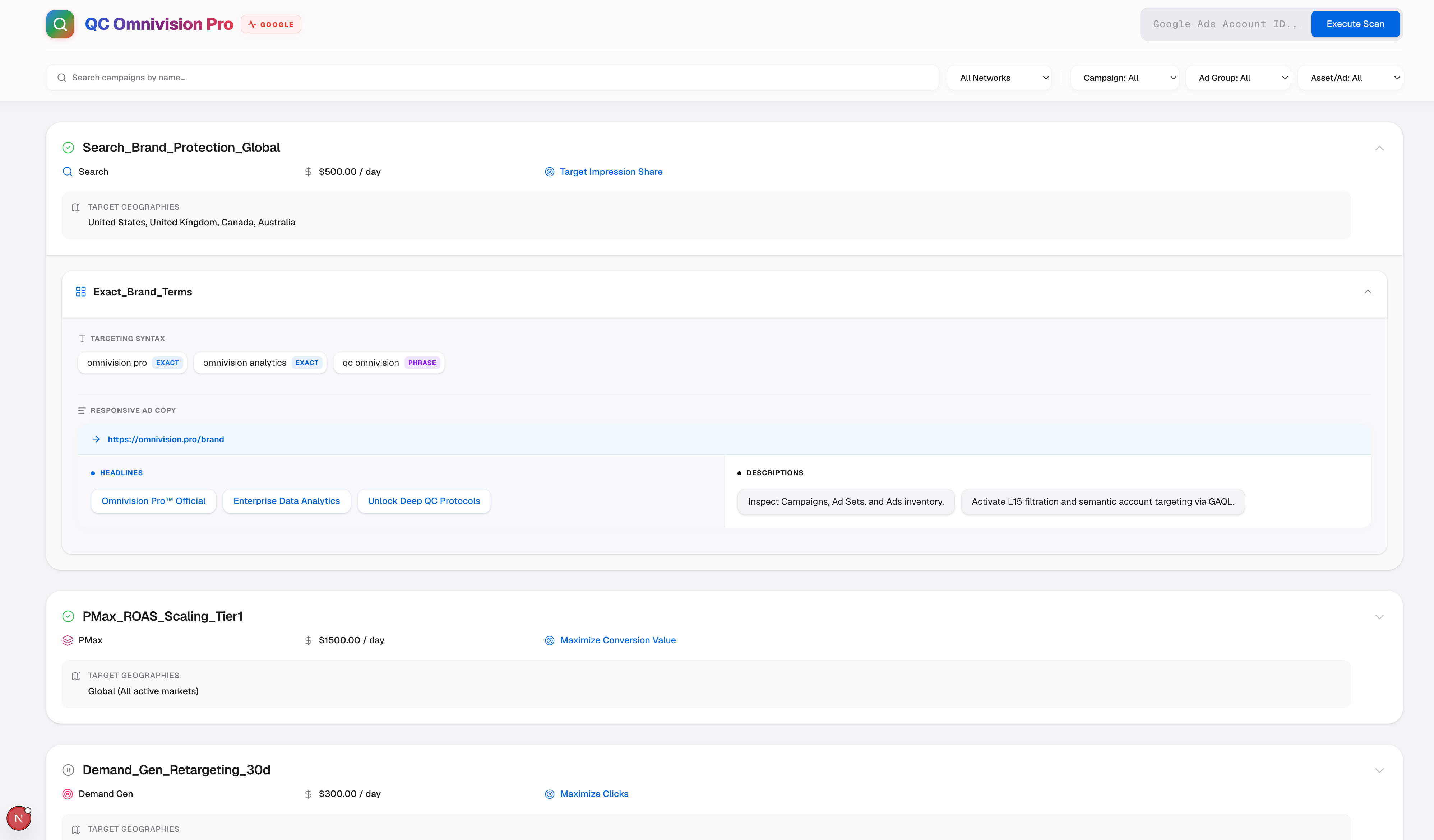 Complete Omnivision Pro Google Ads quality-control workspace