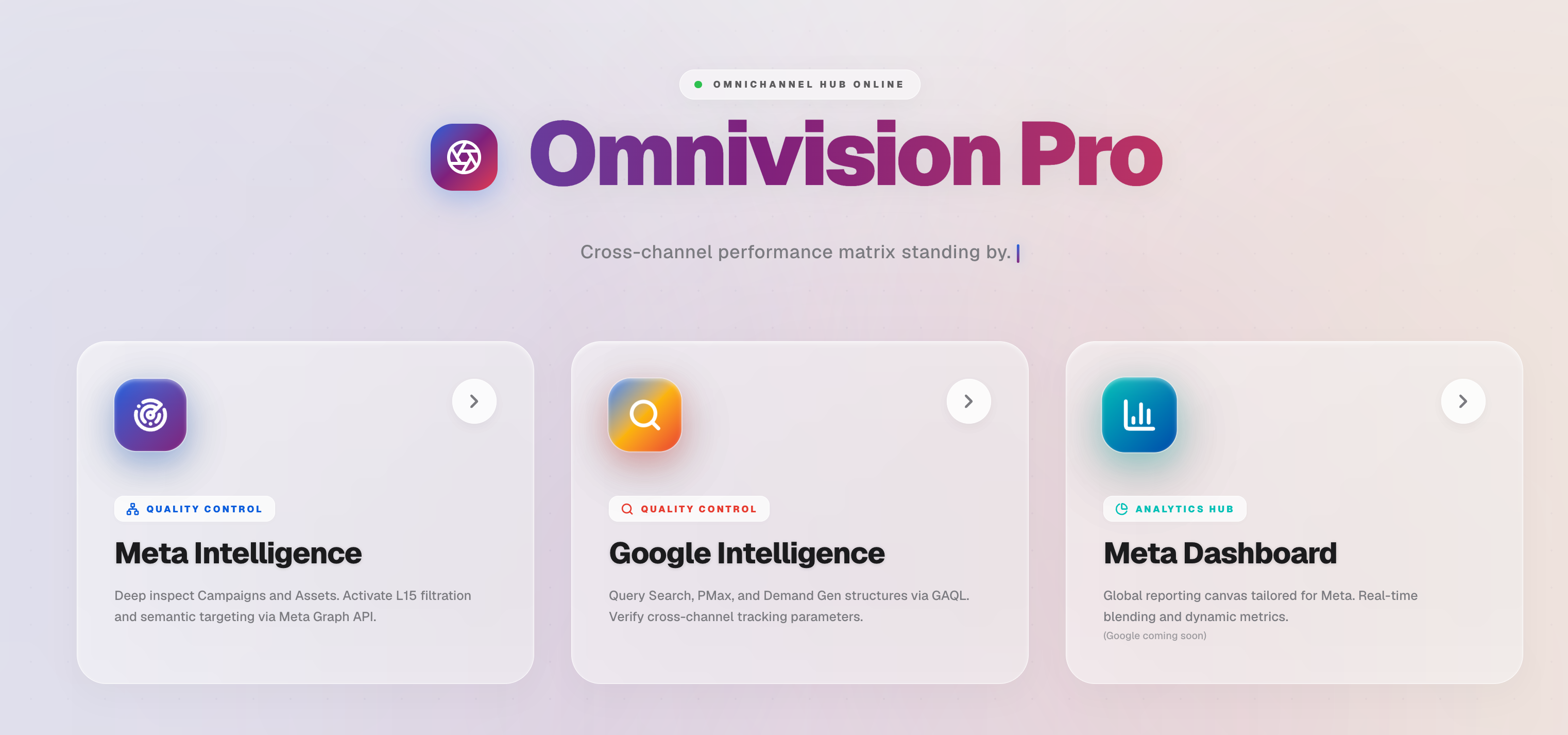 Complete Omnivision Pro product homepage presenting Meta Intelligence, Google Intelligence and Meta Dashboard